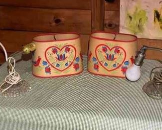 (2) Glass Wall Lamps With Striking Eastern European Bird Design Lampshades
