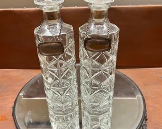 (2) Vintage Decanters With Silverplate Tags And Mirrored Tray
