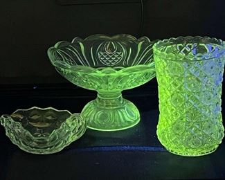 (3) Glowing Antique Crystal Dishes & Vase
