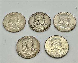 (5) Silver Benjamin Franklin Half Dollar Coins 1954-1963
