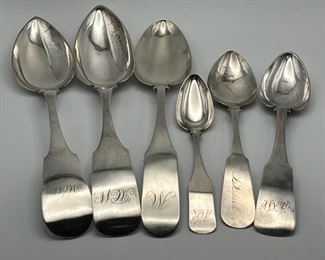 (6) 1800’s Antique Coin Silver Spoons: James Watts, N. Harding
