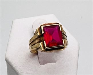 10KS Gold Art Deco Ring With UV Reactive Red Stone
