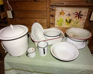 (9) Vintage White Enamel Kitchenware Pieces
