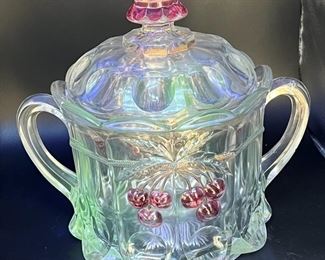 Covered Cherries Glowing Antique Cookie Jar w/Handles
