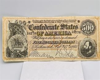 Confederate States Of America $500 Five Hundred Dollar Bill
