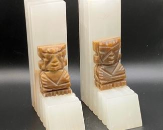 Pair Of Carved Bookends With Aztec Figures
