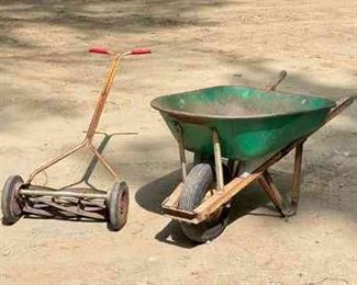 Radio 4.5 Cu Ft Wheel Barrow & Craftsman Manual Push Mower
