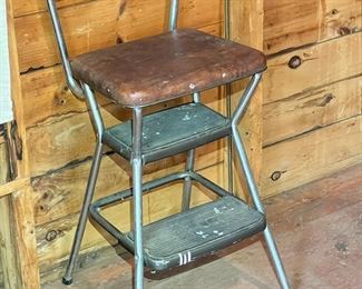 Vintage Cosco Kitchen Metal Step Stool Chair Flip Up Seat Retro Brown, MCM
