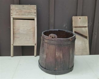 Wooden Decorative Barrel, Mandolin, Washboard
