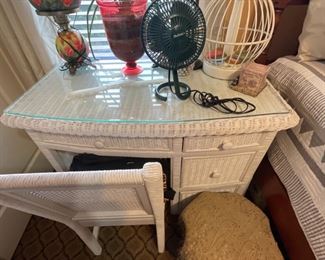 Wicker Desk and Chair, Wicker Lamp, Antique Lamp