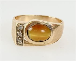 7.2 Grams Fine 14K Yellow Gold Tigers Eye & Diamond Ring Size 9.25
