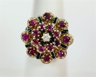 Fantastic Fine 14K Yellow Gold Diamond, Ruby & Black Enamel Princess Ring Size 6, 11.6 Grams
