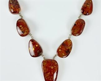 Fine Sterling Silver Amber Inclusion 20Ó Statement Necklace, 65 Grams

