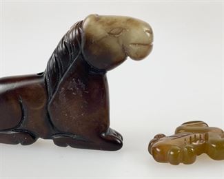 Carved Jade Horse Figurine & Frog Bead
