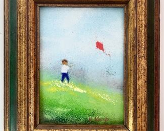 Signed Max Karl Boy Kite Flying Framed Enamel Painting On Copper
