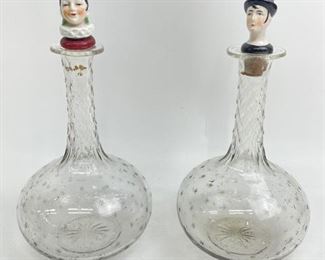 Antique Whimsical Etched Star Pattern Decanters with Porcelain figures Heads stoppers
