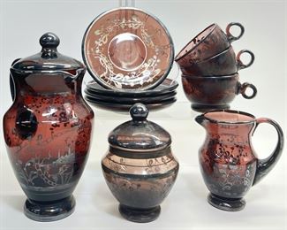 Vintage Sterling Silver Overlay Art Deco Purple Amethyst Mini Saucers, Tea Cups, Creamer, Lidded Sugar Jar, and Mini Lidded Tea Pot
