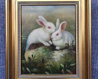 Original Bunny Rabbit Gilt Framed oil Painting
