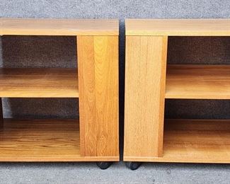 Pair Mid Century Modern Teak Rolling Side Tables

