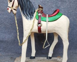 Large Antique Painted Wood & Paper Pull Along Horse Toy
