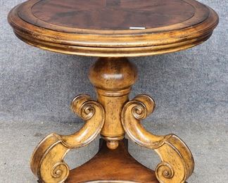 Fancy Scrolled Wood Side table Inlaid Top Faux Wormhole Texture
