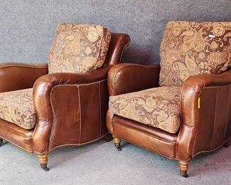Fantastic Leather & Paisley Upholstered Club Style Lounge Chairs Brass tack Trim Possibly Ethan Allen Set Of 2
