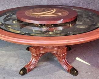 High Quality Fantastic Hand Carved Solid Wood & Fancy Iron Beveled Glass Dining table Brass Feet Inlaid with Built to Match Lazy Susan
