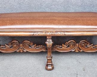 Beautiful Wood Carved Leather Top Bench Mahogany Jacobean Window Seat
