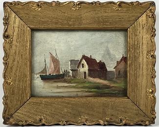 Gilt framed antique signed Mercadet 19th century oil painting on wood panel
