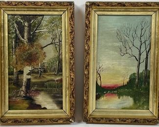 Gilt framed unsigned antique pair of 19th century folk art oil paintings on artist board
