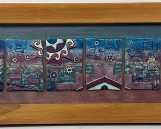 Framed and signed Abstract Modern Peruvian pastoral folk scene ceramics mounted on board
