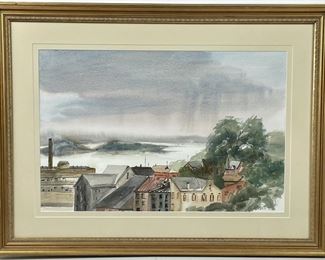 Gilt framed, signed Millie S. Shot original watercolor of port town/city
