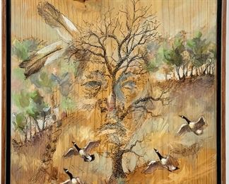 Fantastic Framed, signed Jim Shipley original pen, Ink, and acrylic on wood Native American and nature scene
