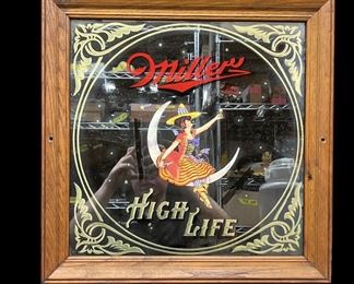Vintage Miller High Life "Moon Girl" mirrored glass Beer Sign. 19x19 Framed
