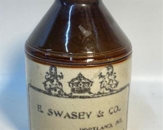 Antique E. Swasey & Co. Portland Maine Crown Logo Stoneware Jug
