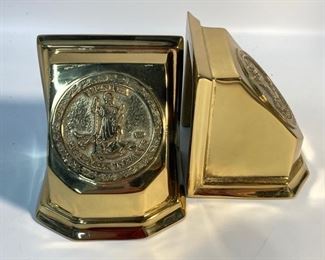 Two 1995 Virginia Metal Crafters Brass Virginia Flag Book Ends Sic Semper Tyranus Book Ends
