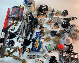 Big Lot of Newer Star Wars Collectible Toy Figurines and Items Related to The New Movies - Pez, Disney Infinity Computer Game, Lightsaber, 12 Inch Action Figures, McDonalds Toys and More
