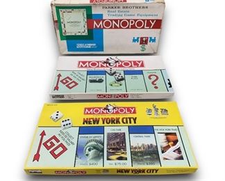 Lot of x3 Open Box Vintage Monopoly Board Games  Including: A MONOPOLY No. 9 Parker Brothers Board Game Circa. 1970Õs, A 1999 Parker Brothers Monopoly Board Game, And A New York City Monopoly USAopoly 2001 Board Game
