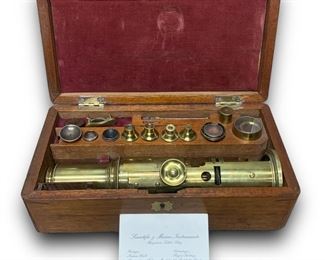 Fantastic Antique Brass Barrel Martin-Type Drum Microscope in a Velvet-Lined Case
