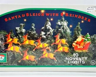 Vintage Hard Plastic Christmas Gallery Santa & Sleight W 8 Reindeer, 10 Novelty Lights
