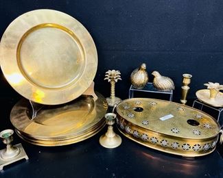 Brass Assorted Charger Plates, Bird Figurines And Candle Holders
