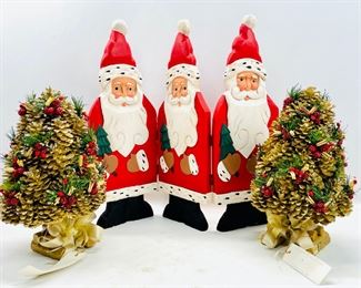 Wood Carved Santa Tri-folding Decoration And Pair Of Golden Christmas Trees Handcrafted In The Philippines
