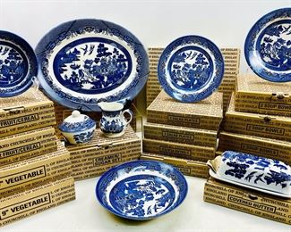 HUGE LOT NIB Churchill Blue Willow Soup Bowls, Salad Plates, Creamer/Sugar Set/ Platter/ Vegetable Plates And More
