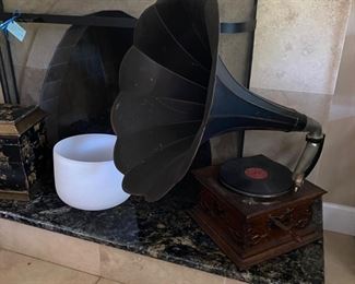 Old Gramophone and Indian Singing Bowl. Eclectic Collection!