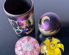 Group Of Three Art Glass Paperweights And A Vase