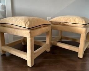 Pair Of Ultra Suede Upholstered Stools In Beige With Navy Piping