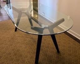 Crate & Barrel Glass Top Oval Dining Table With Walnut Base