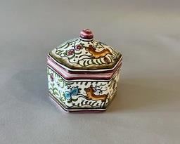 Covered Hand Painted Ceramic Box, Made In Portugal