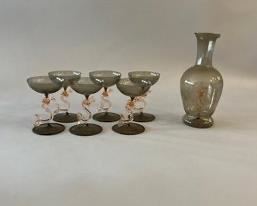 Art Glass Decanter And Wine Glass Set With Blown Glass Stems