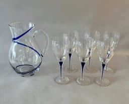 Glass Pitcher With 6 Matching Wine Glasses